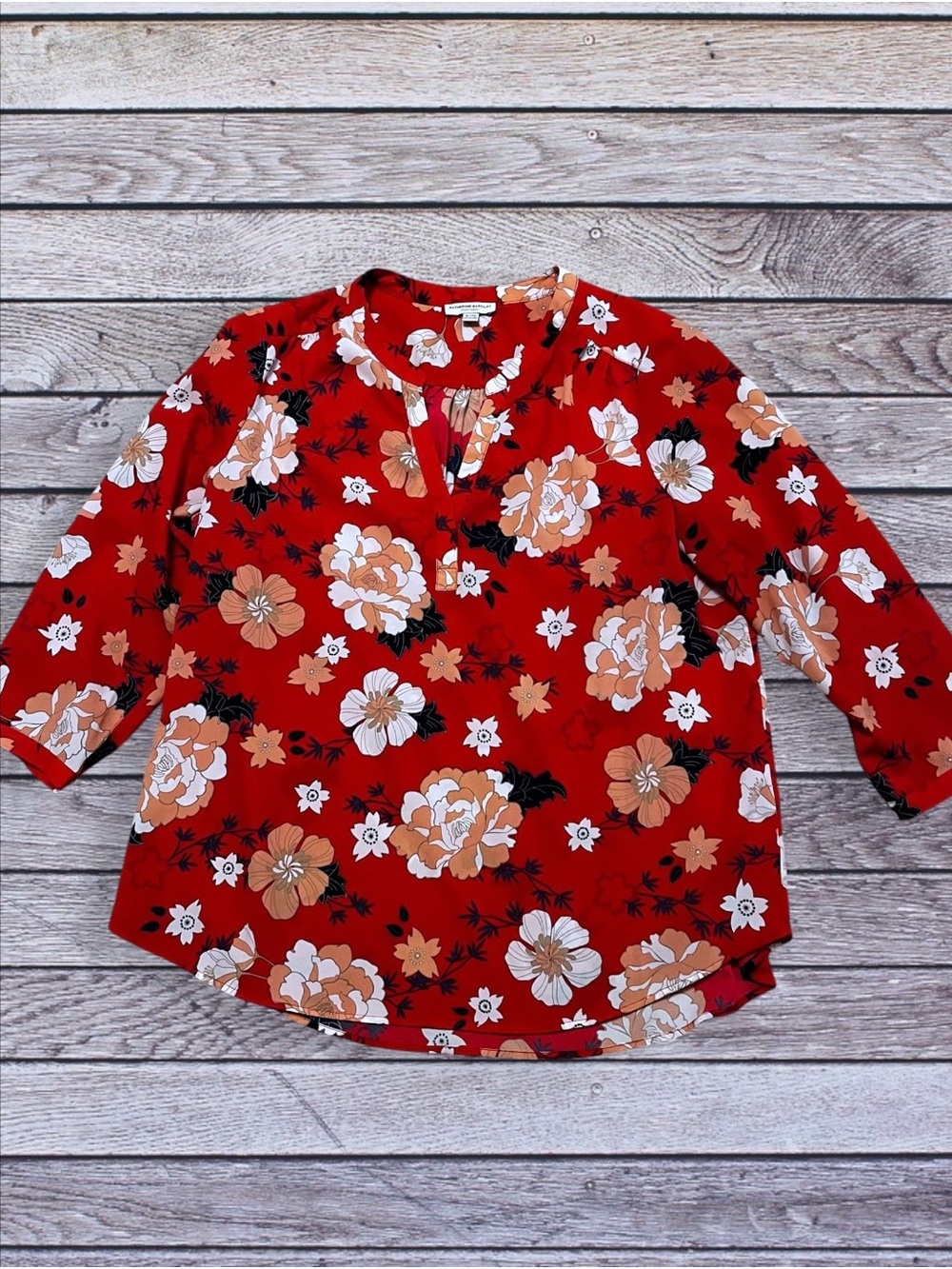 Katherine Barclay Red Floral Split-Front Tunic Blouse xl